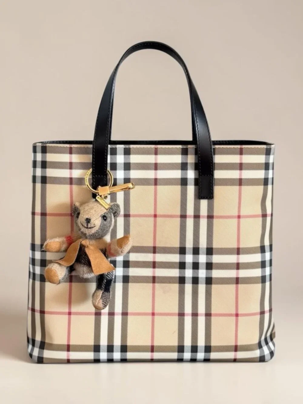 Burberry Nova Check Coated Canvas Tote Bag & Thomas Bear Bag Charm Keychain